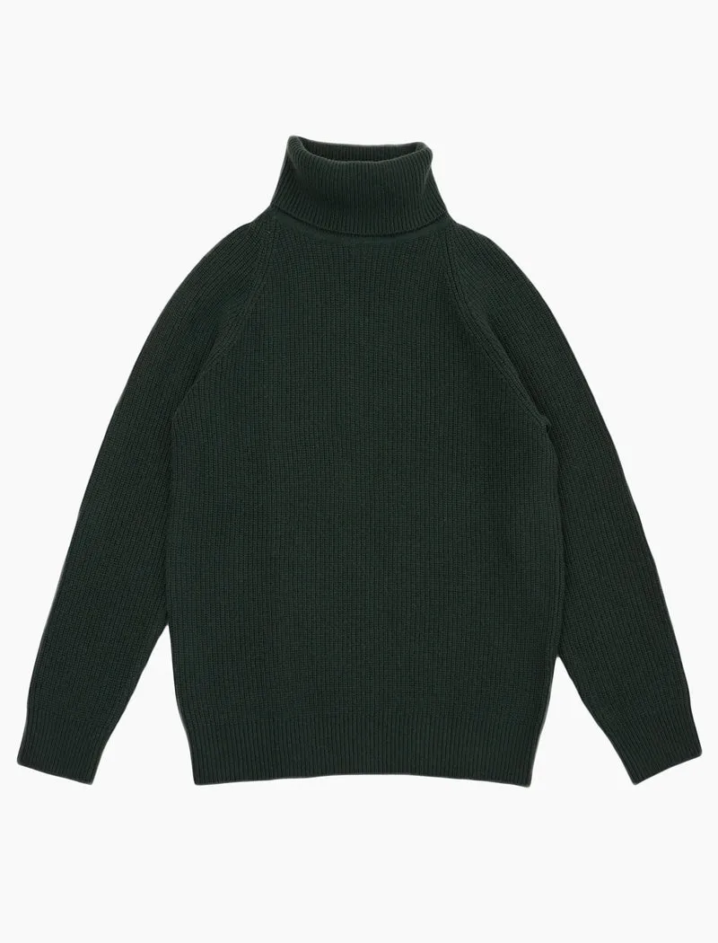 Dark Green Ribbed Wool & Cashmere Roll Neck Jumper
