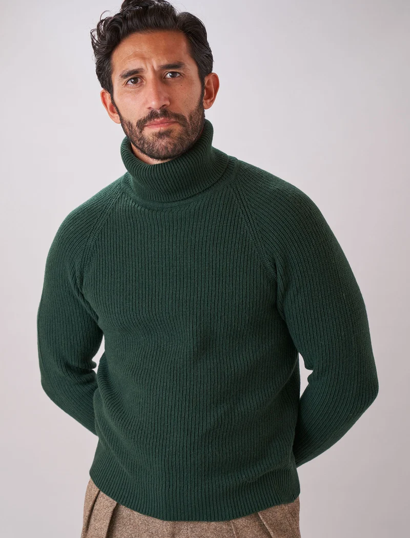 Dark Green Ribbed Wool & Cashmere Roll Neck Jumper