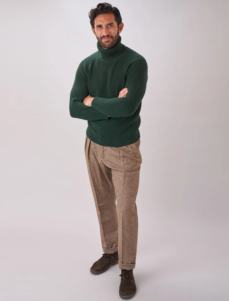Dark Green Ribbed Wool & Cashmere Roll Neck Jumper
