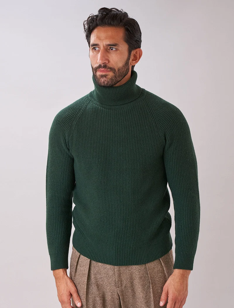 Dark Green Ribbed Wool & Cashmere Roll Neck Jumper