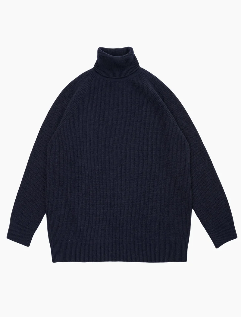 Navy Ribbed Wool & Cashmere Roll Neck Jumper