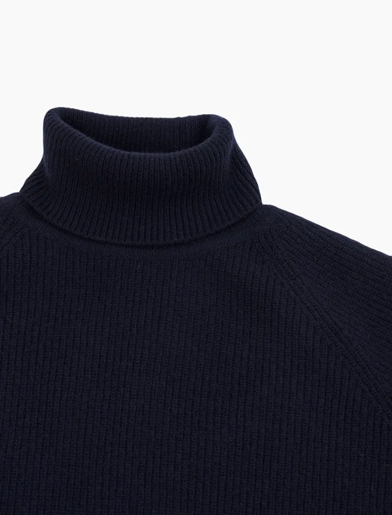 Navy Ribbed Wool & Cashmere Roll Neck Jumper