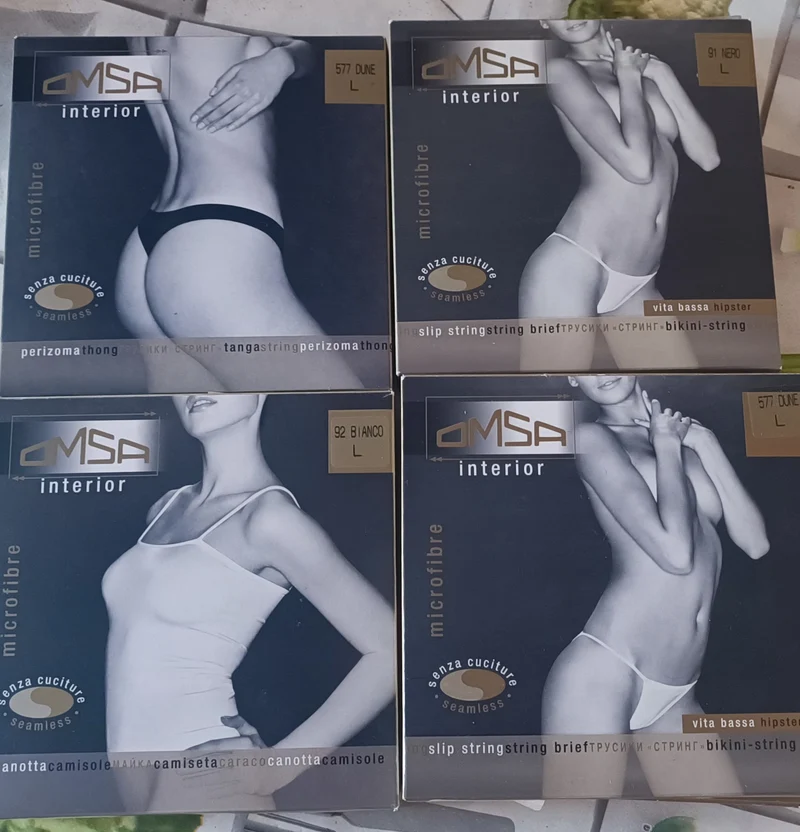 Mini stock di intimo donna OMSA in microfibra misura L composto da 3 slip string vita bassa senza cuciture(2 nudo e 1 nero), un perizoma thong nudoe canotta bianco. 500g.