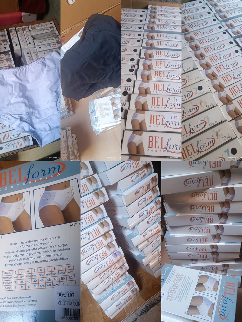 Mutanda Pancerina Belform contenitiva in cotone elasticizzato per massimo confort e igiene. Lotto di cinque pancerine, mis. 7, colori assortiti bianco e nero. 400g.