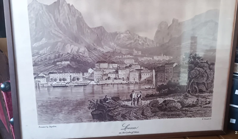 Stampa su seta Manifattura Segalini, incorniciata anni sessanta. Misure cm 38 x cm 50. (N. 3)Cornice in legno con vetro. 1 kg.