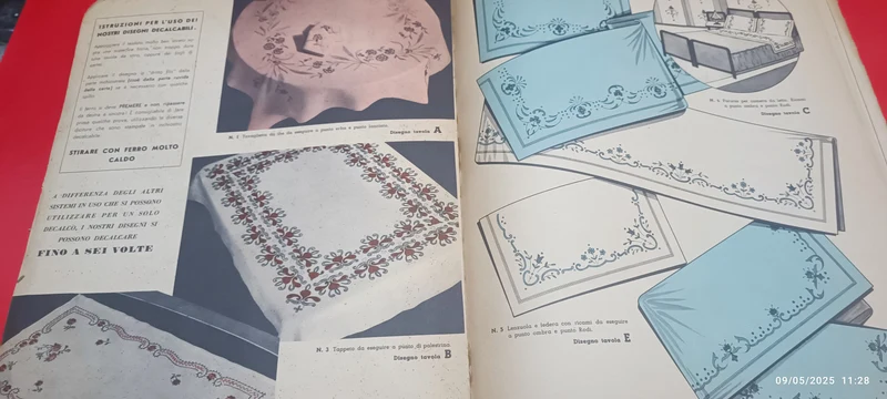 Per collezionismo. Rivista vintage fine anni quaranta(48) e inizio cinquanta, per ricamo. "Ricami decalcabili" biancheria da tavola e da letto. Con ferro da stiro caldo fino a sei volte. 200g.