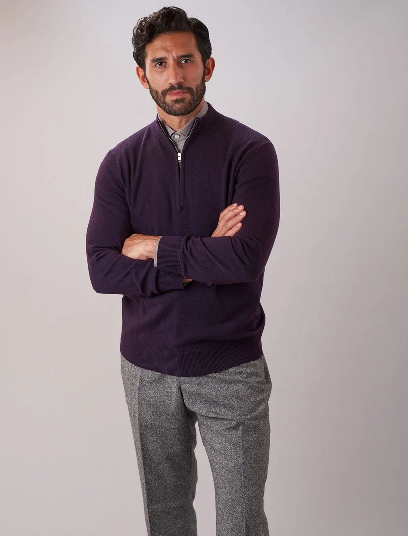 Dark Plum Mock Neck Cashmere Quarter Zip Jumper