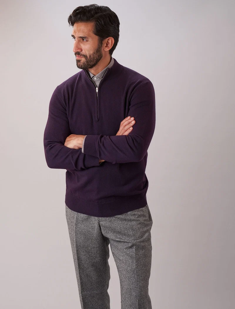 Dark Plum Mock Neck Cashmere Quarter Zip Jumper