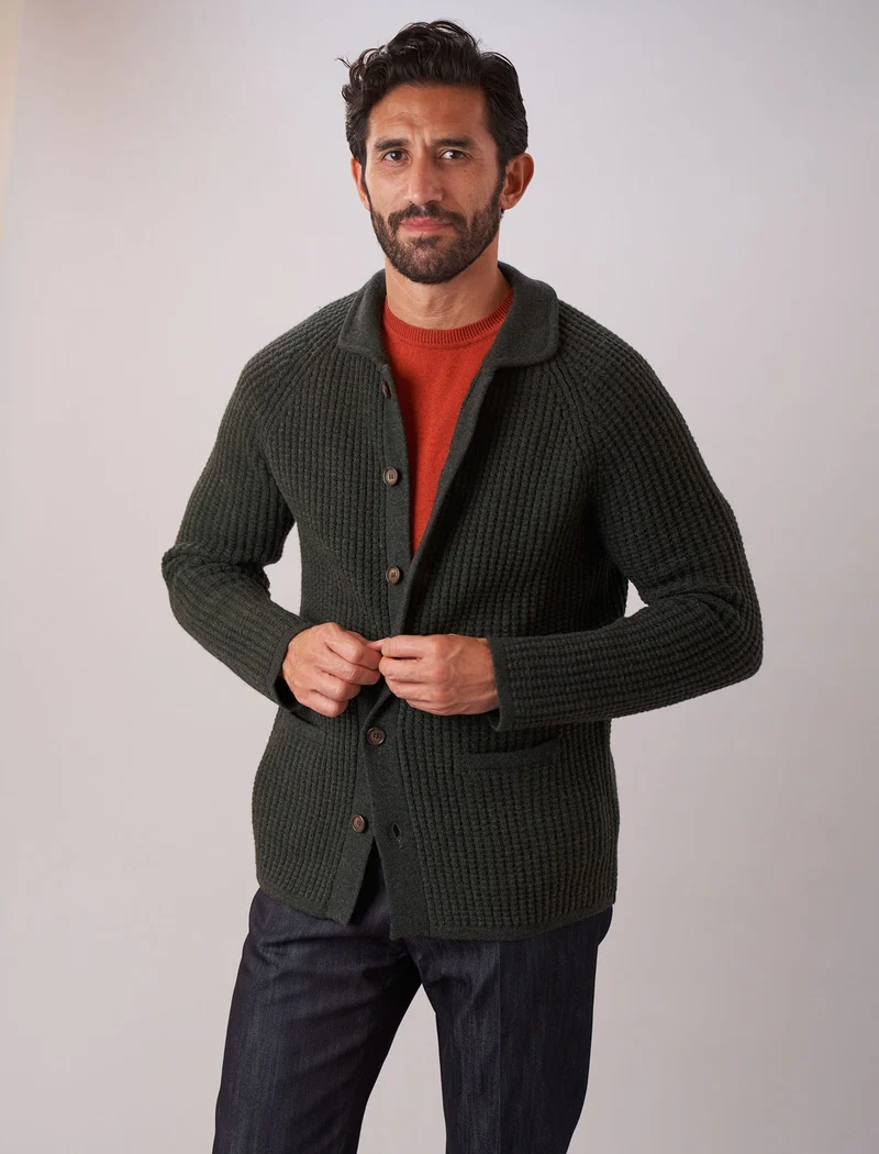 Dark Olive Green Waffle Wool & Cashmere Knitted Overshirt