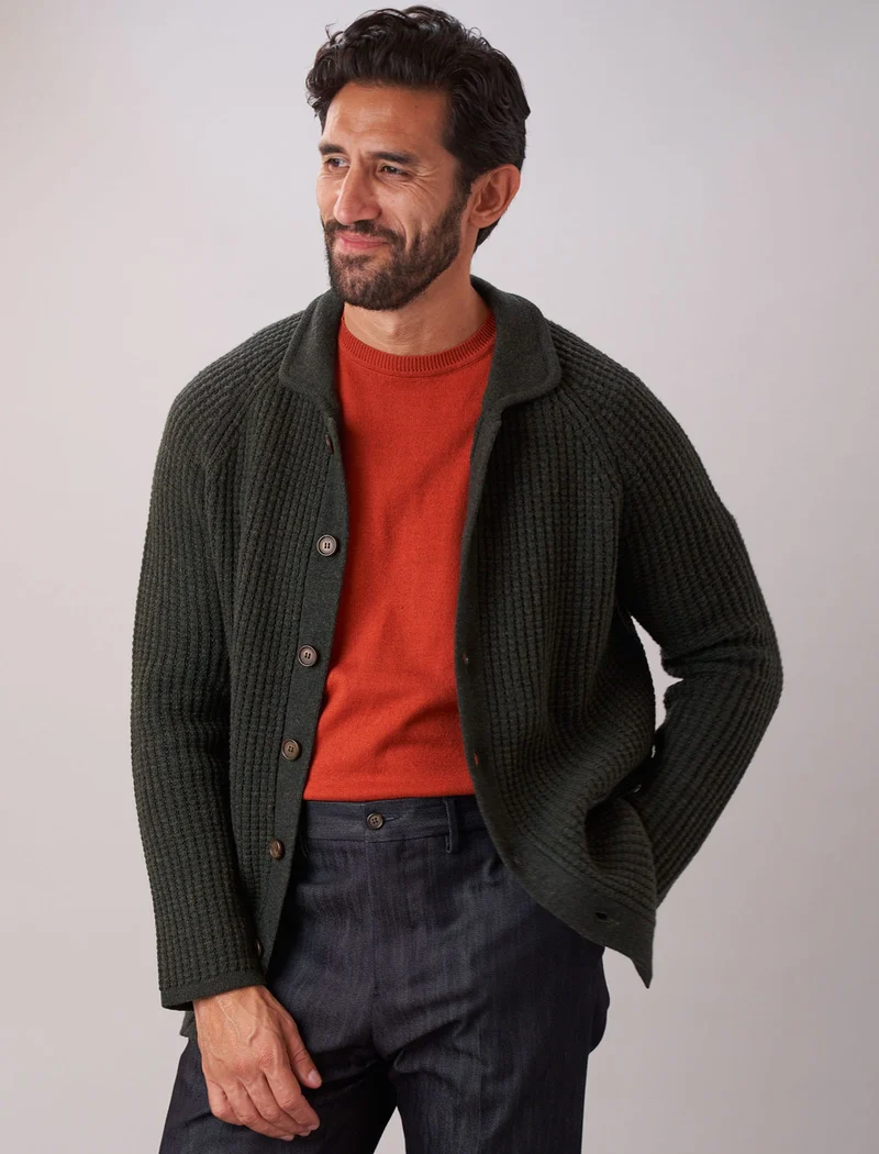 Dark Olive Green Waffle Wool & Cashmere Knitted Overshirt