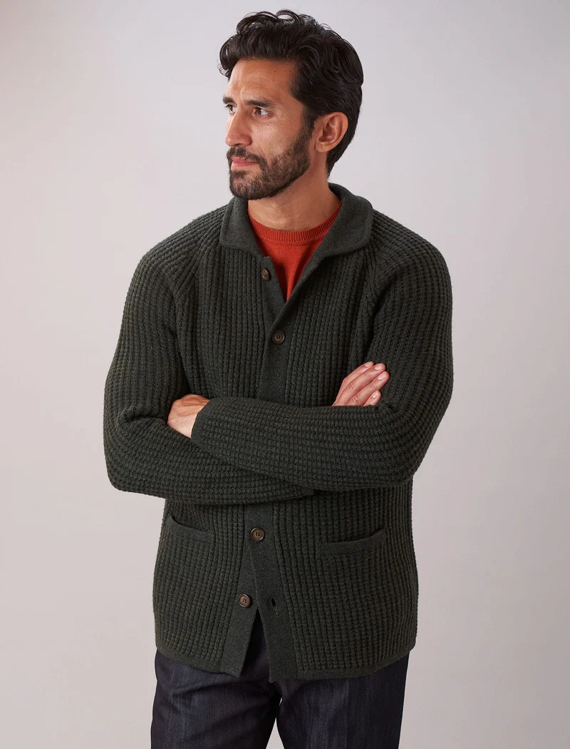 Dark Olive Green Waffle Wool & Cashmere Knitted Overshirt