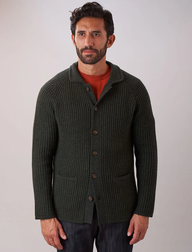 Dark Olive Green Waffle Wool & Cashmere Knitted Overshirt