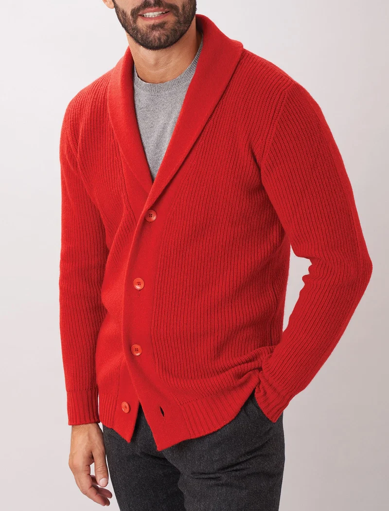Red Ribbed Shawl Neck Wool & Cashmere Cardigan