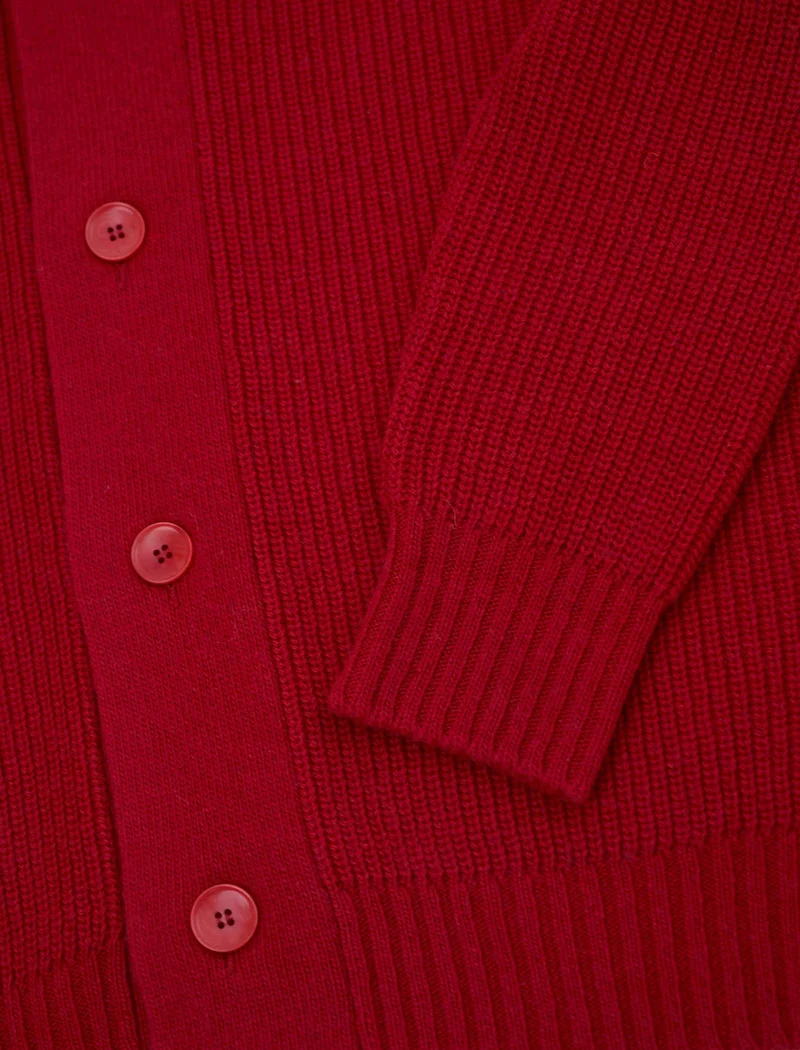 Red Ribbed Shawl Neck Wool & Cashmere Cardigan
