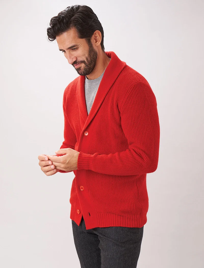 Red Ribbed Shawl Neck Wool & Cashmere Cardigan