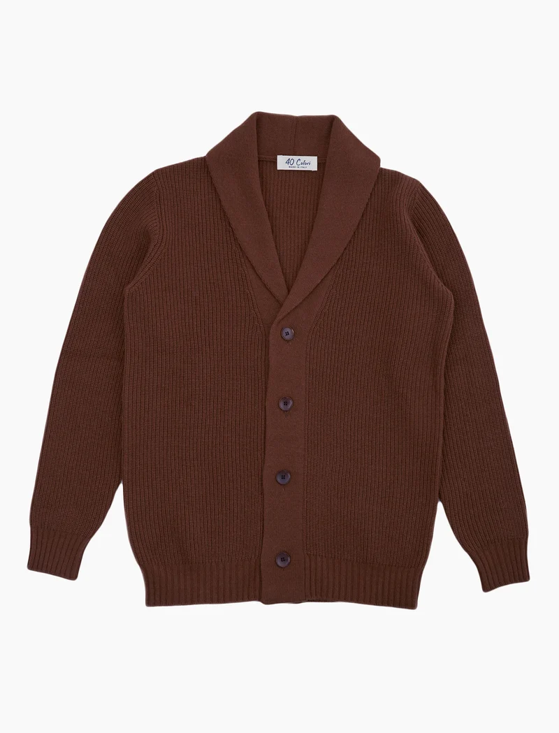 Chocolate Brown Ribbed Shawl Neck Wool & Cashmere Cardigan