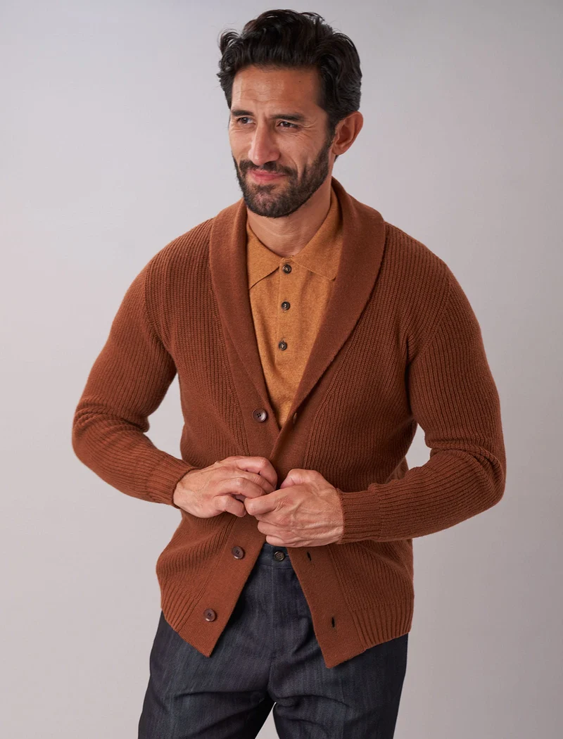 Chocolate Brown Ribbed Shawl Neck Wool & Cashmere Cardigan