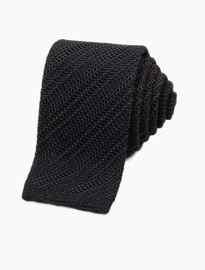 Black Solid Diagonal Striped Silk Knitted Tie