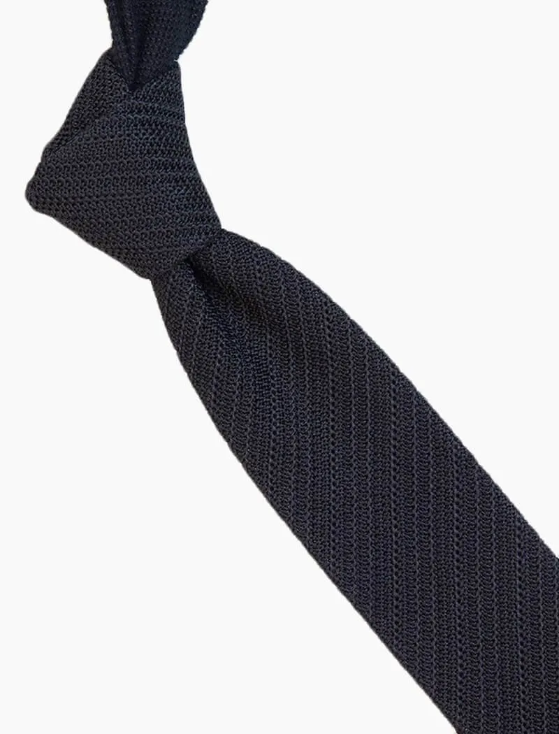 Black Solid Diagonal Striped Silk Knitted Tie