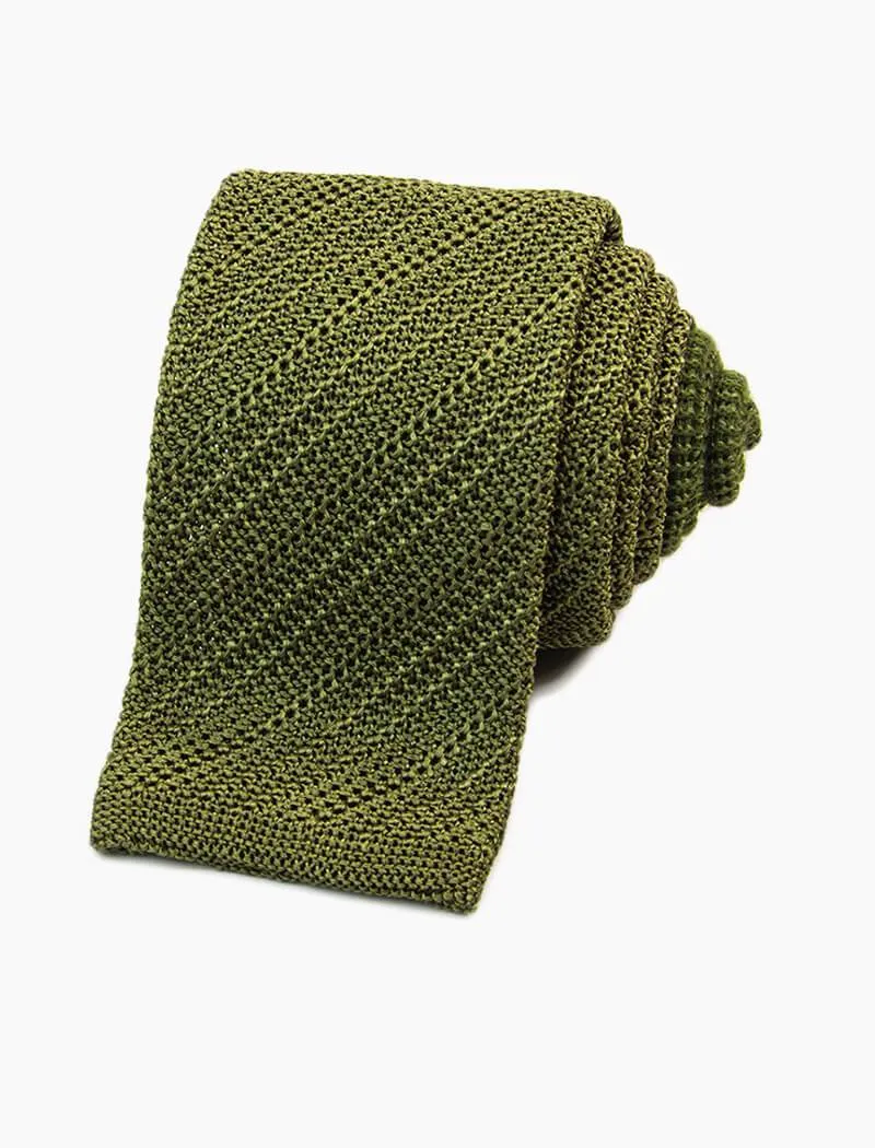 Olive Green Solid Diagonal Striped Silk Knitted Tie