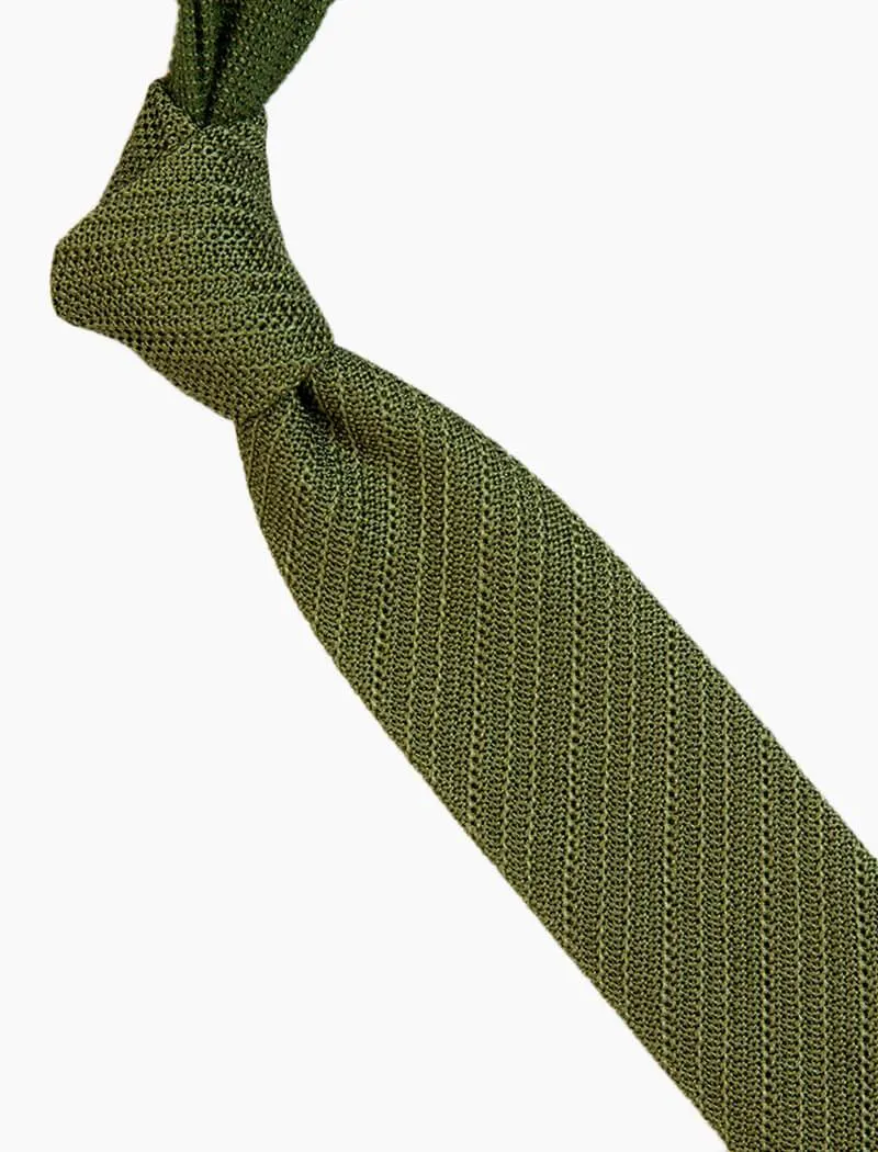 Olive Green Solid Diagonal Striped Silk Knitted Tie