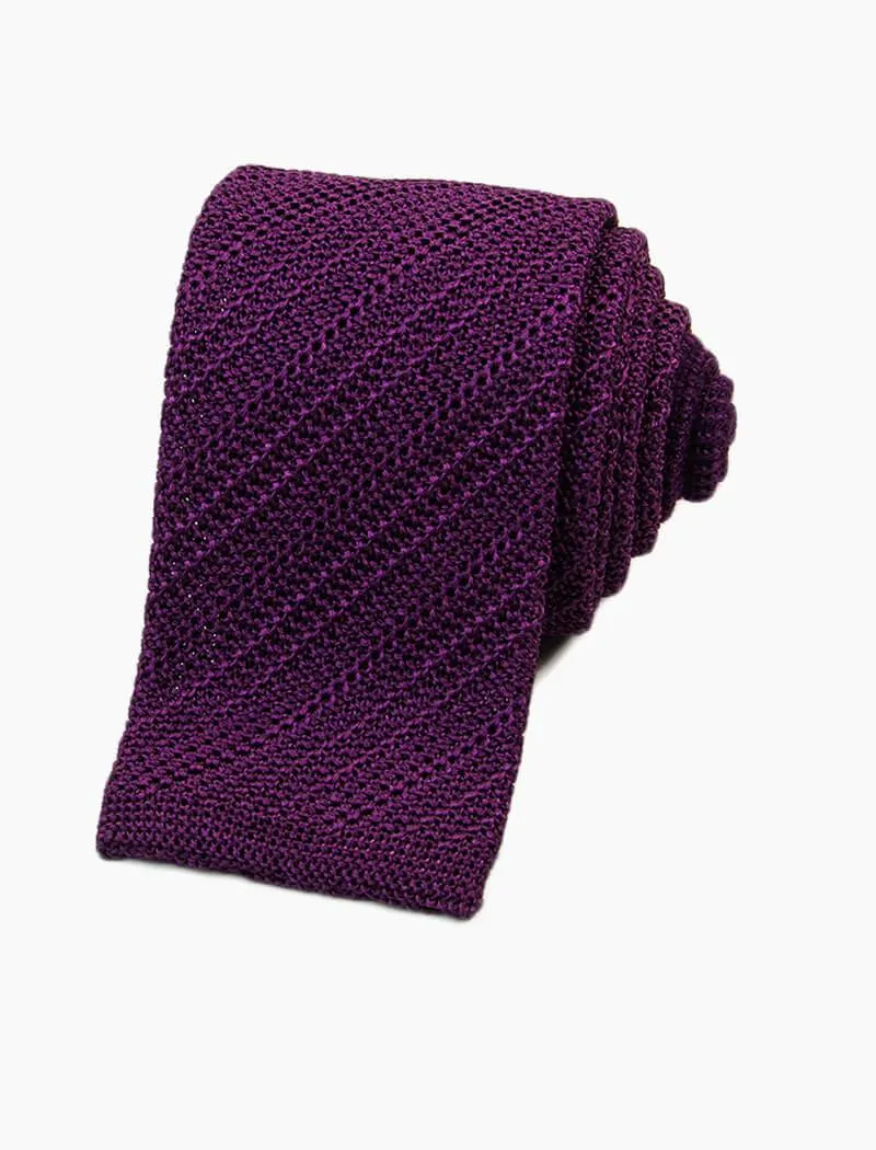 Purple Solid Diagonal Striped Silk Knitted Tie
