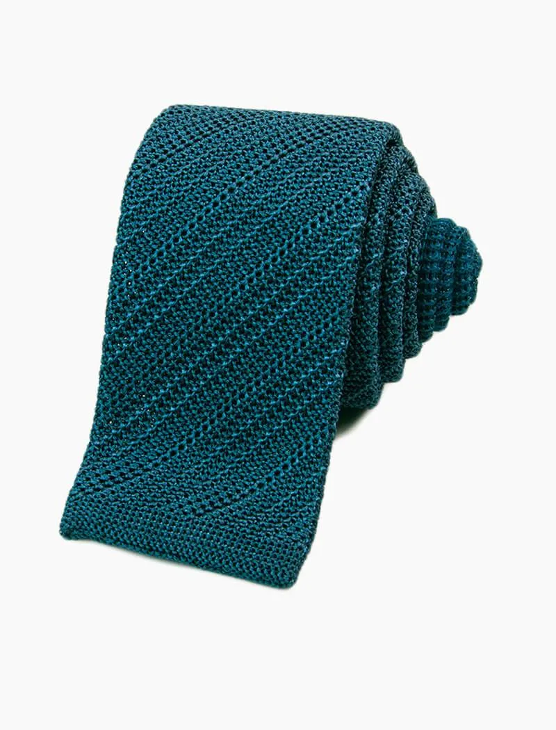 Petrol Blue Solid Diagonal Striped Silk Knitted Tie