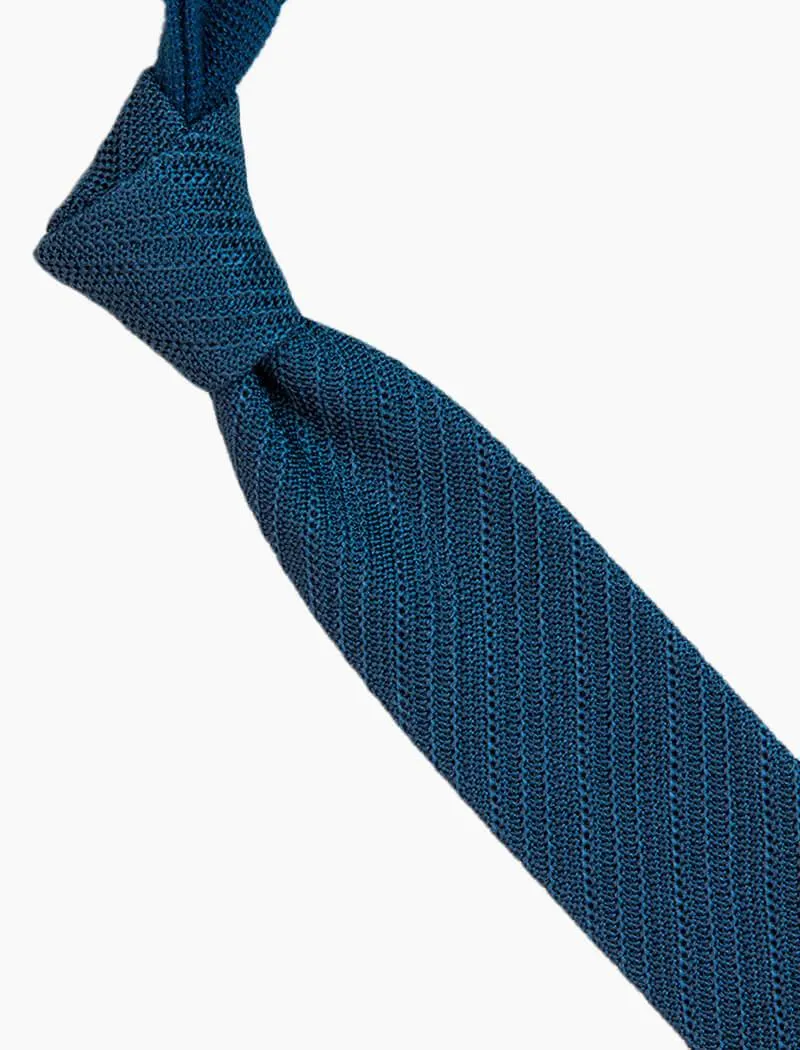 Petrol Blue Solid Diagonal Striped Silk Knitted Tie