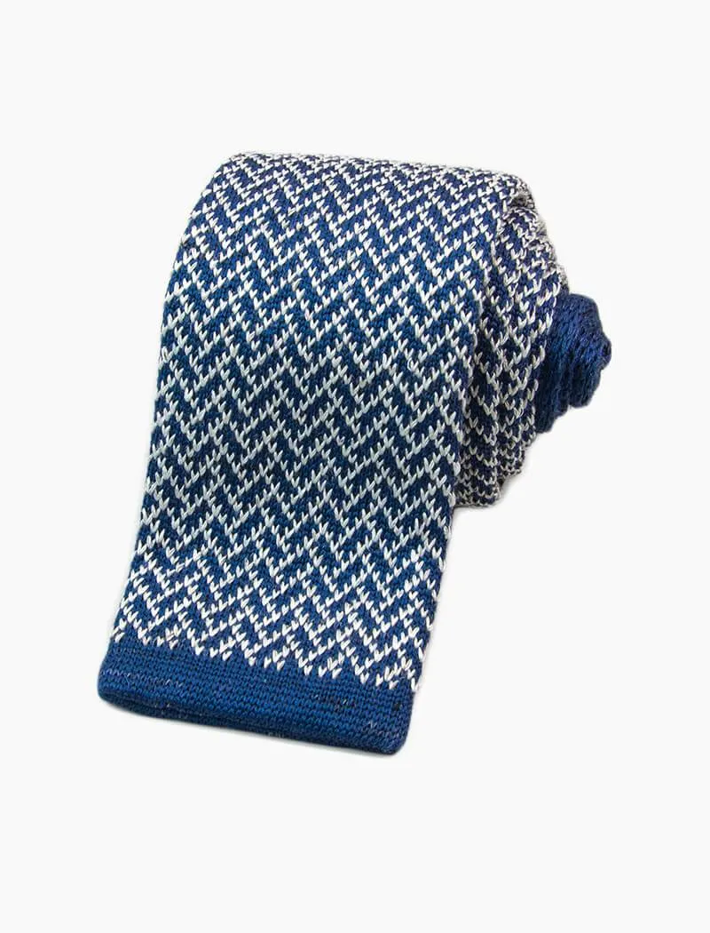 Blue Silk & Linen Herringbone Knitted Tie