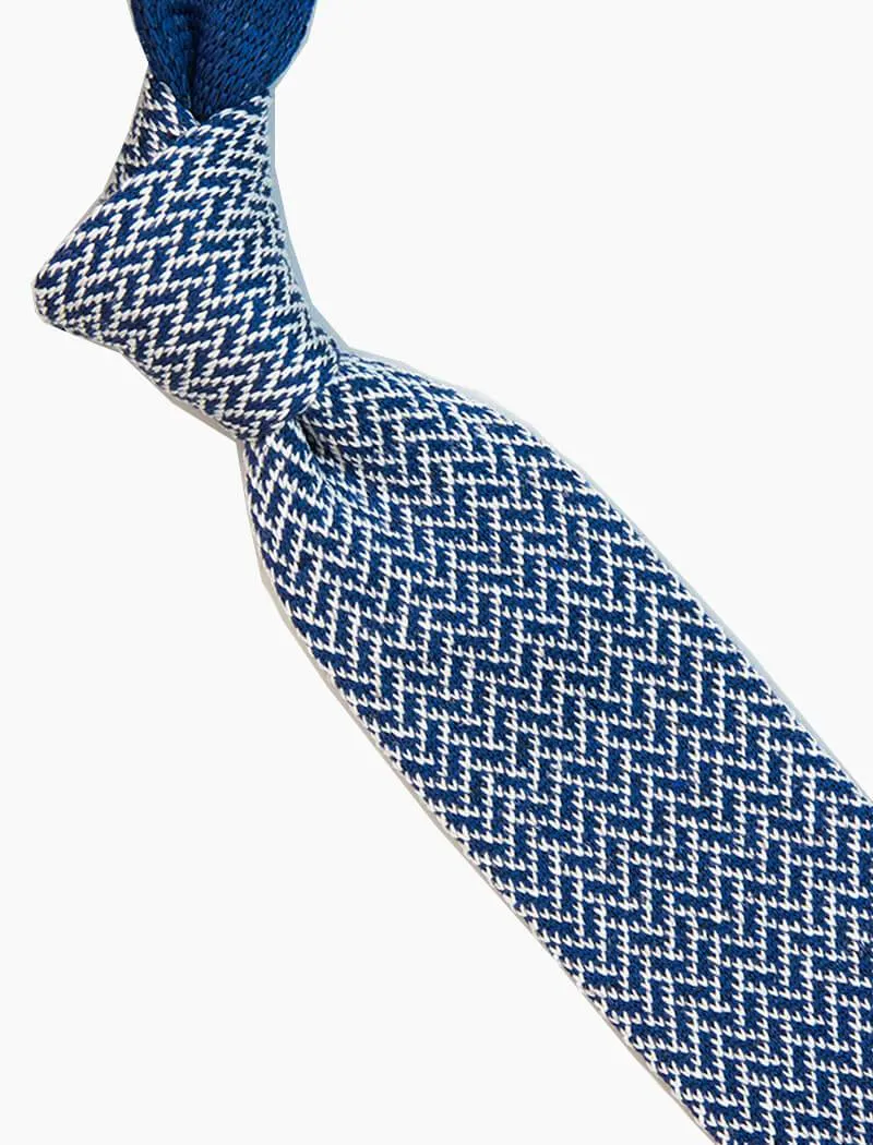 Blue Silk & Linen Herringbone Knitted Tie