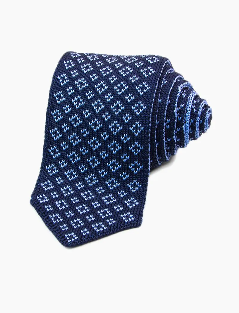 Blue Pointed Small Diamonds Silk Knitted Tie