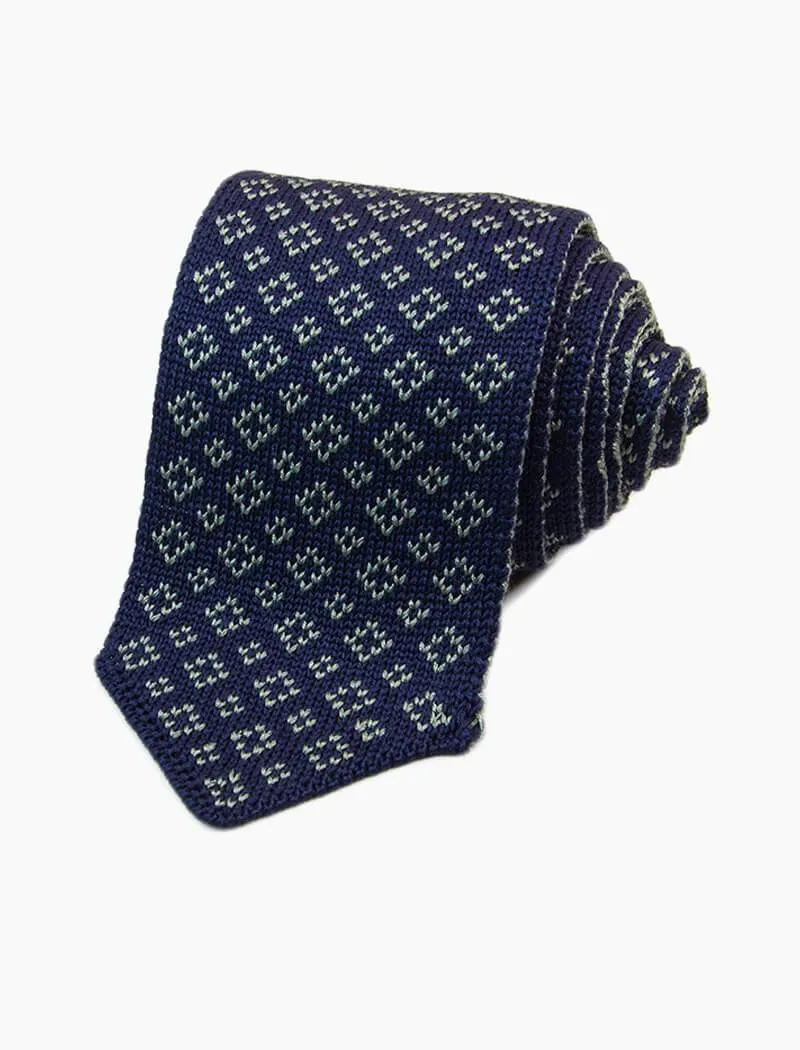 Blue & Green Pointed Small Diamonds Silk Knitted Tie