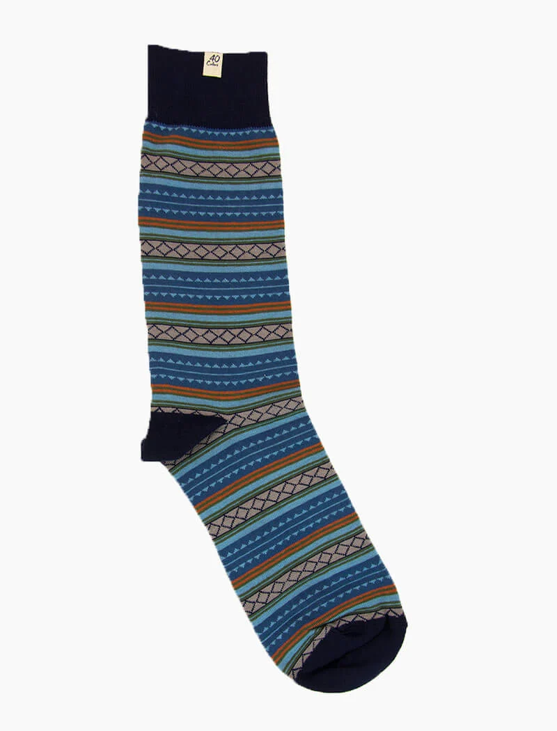 Dark Blue Detailed Multi Striped Organic Cotton Socks