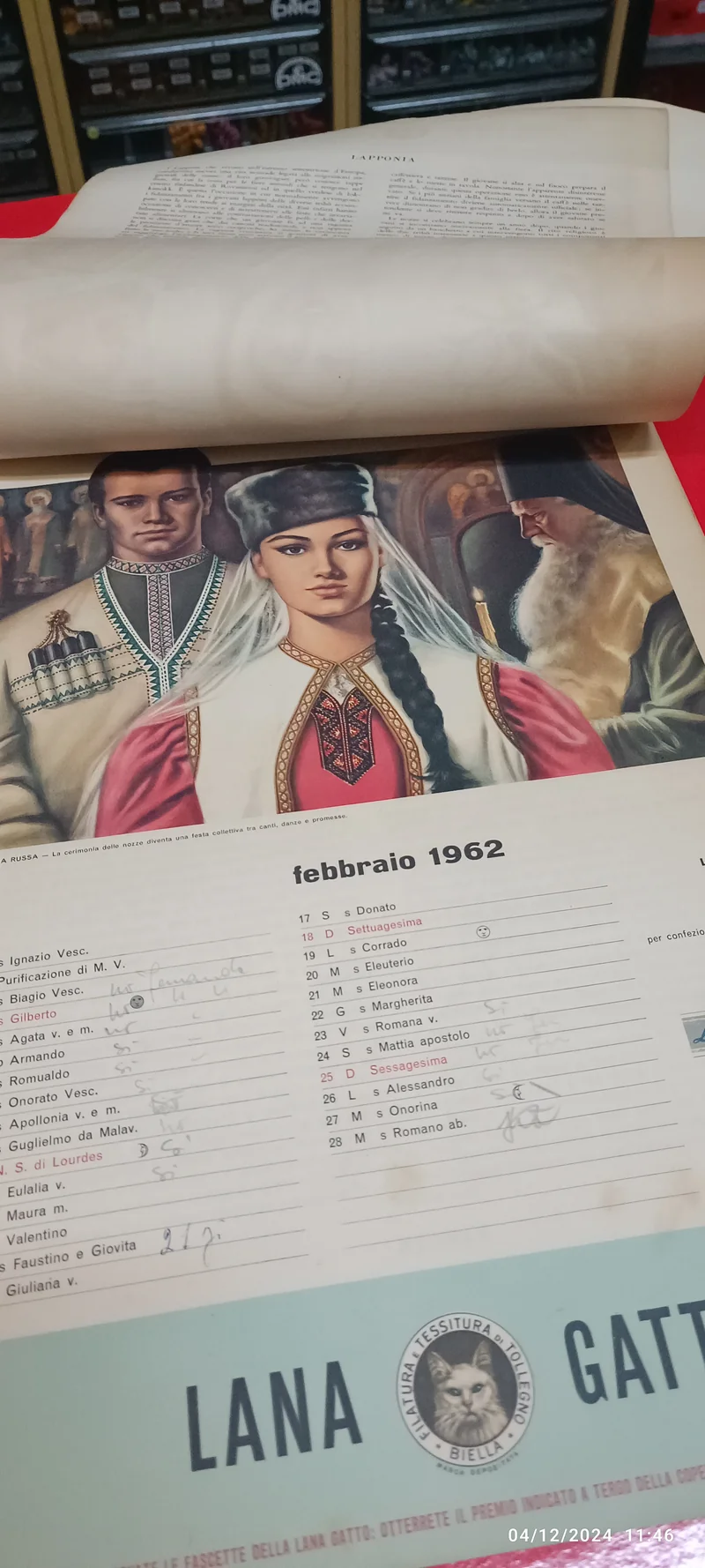 Calendario pubblicitario vintage Lana Gatto - Il matrimonio nel mondo. Usato con appunti a penna. 200g.