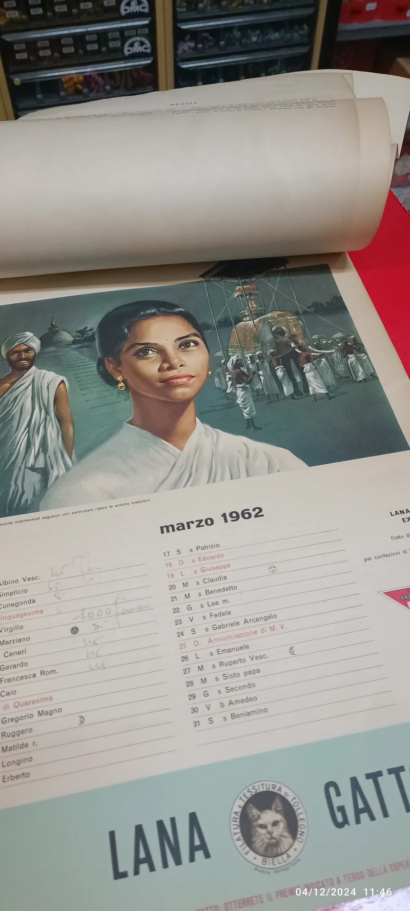 Calendario pubblicitario vintage Lana Gatto - Il matrimonio nel mondo. Usato con appunti a penna. 200g.