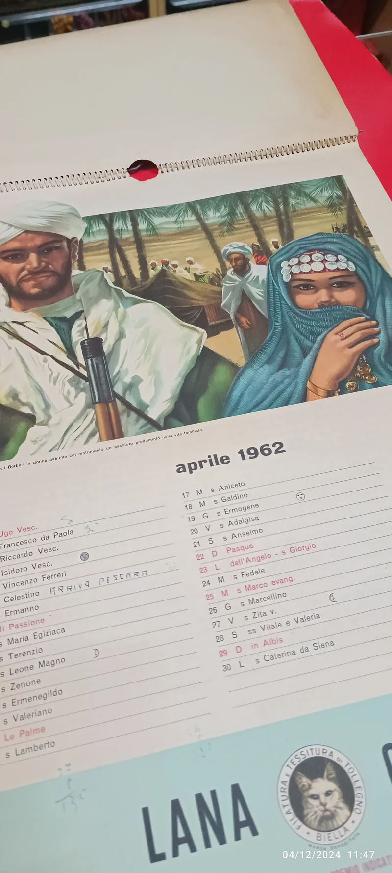 Calendario pubblicitario vintage Lana Gatto - Il matrimonio nel mondo. Usato con appunti a penna. 200g.