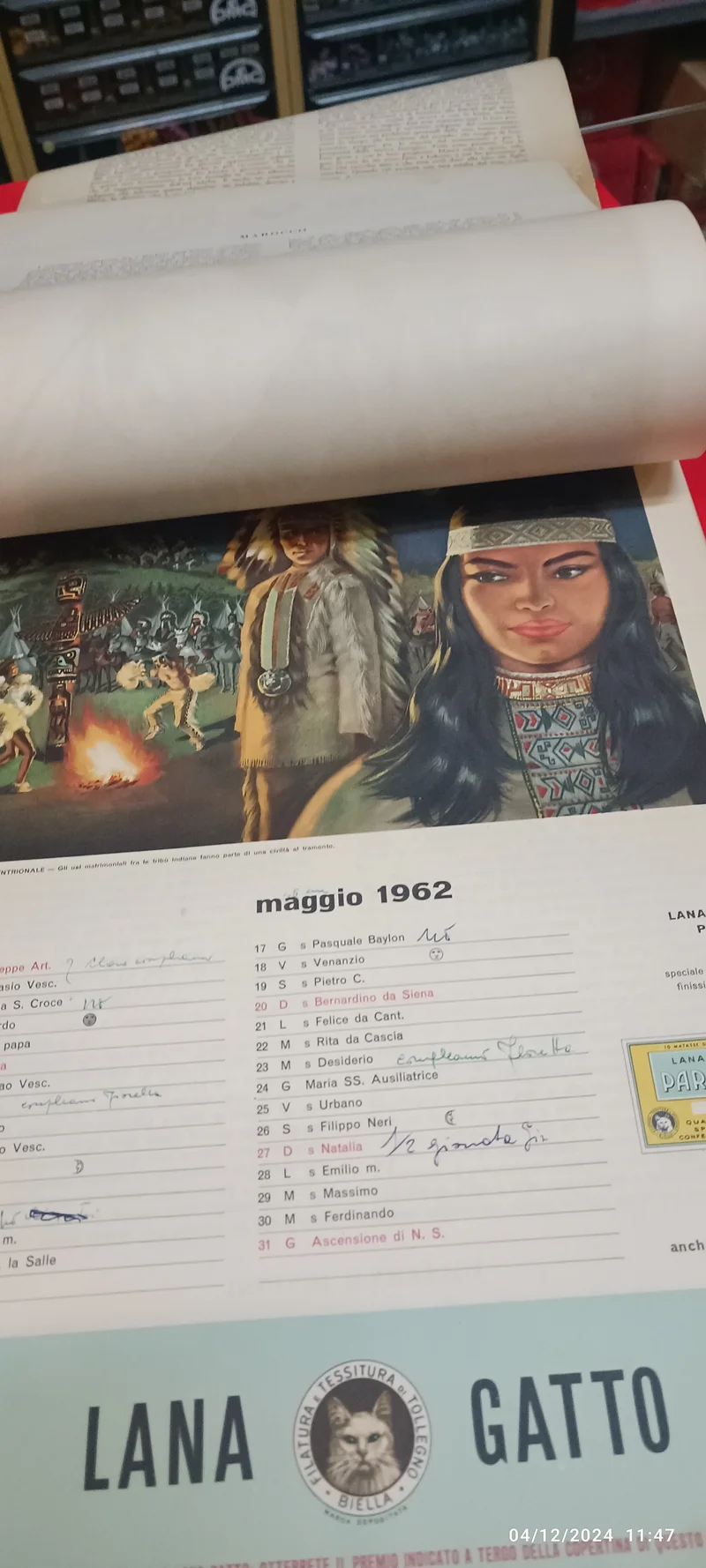 Calendario pubblicitario vintage Lana Gatto - Il matrimonio nel mondo. Usato con appunti a penna. 200g.