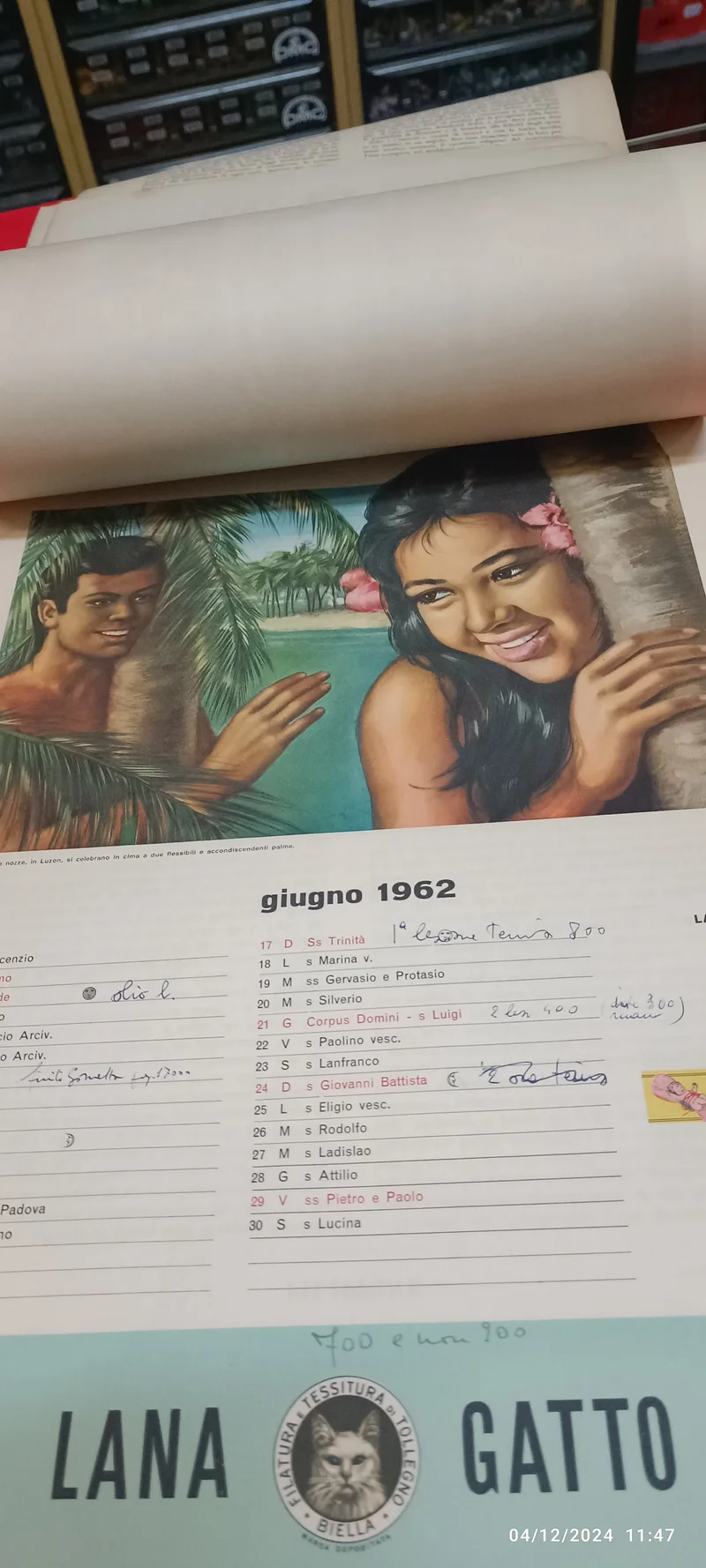 Calendario pubblicitario vintage Lana Gatto - Il matrimonio nel mondo. Usato con appunti a penna. 200g.