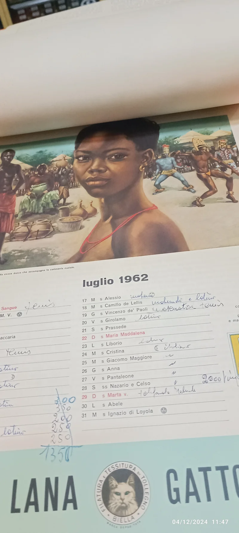 Calendario pubblicitario vintage Lana Gatto - Il matrimonio nel mondo. Usato con appunti a penna. 200g.
