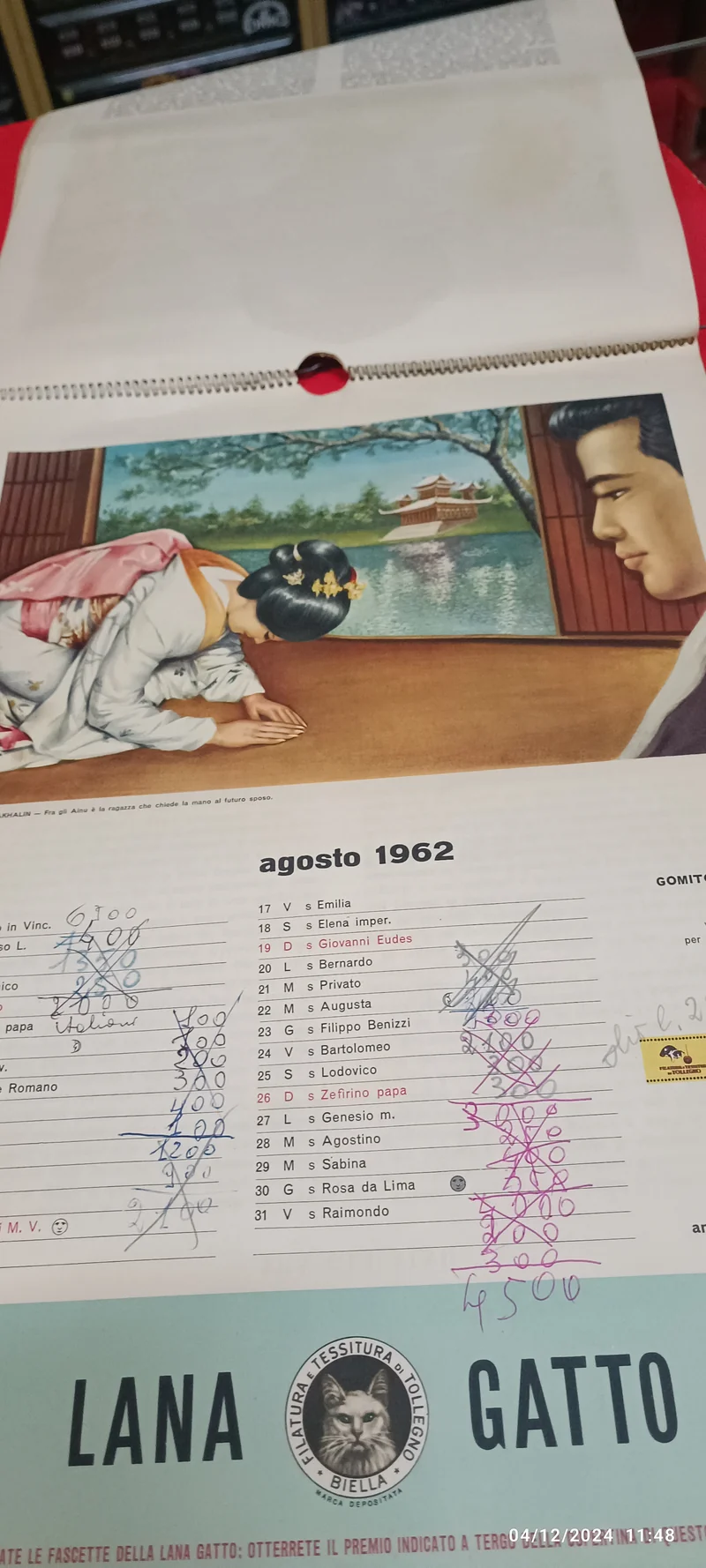 Calendario pubblicitario vintage Lana Gatto - Il matrimonio nel mondo. Usato con appunti a penna. 200g.