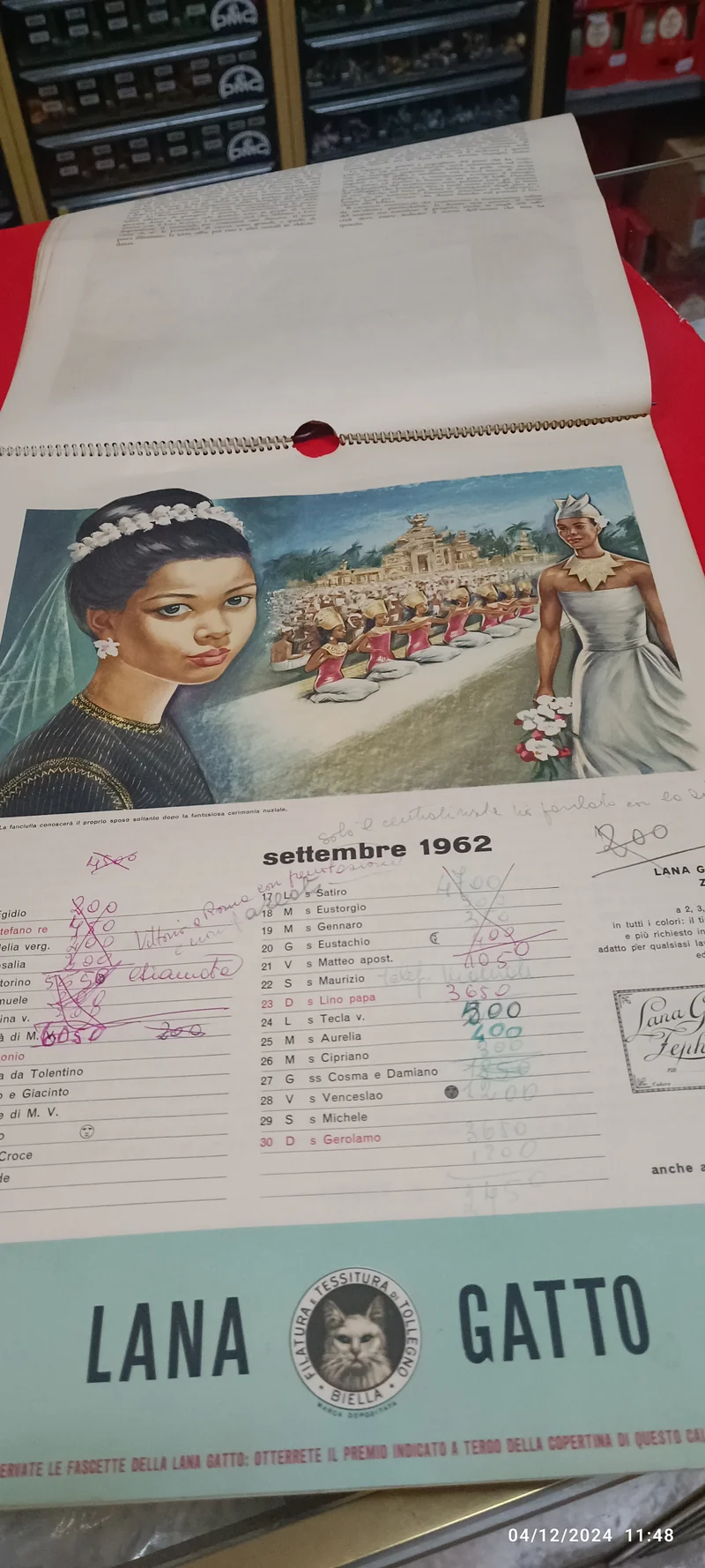 Calendario pubblicitario vintage Lana Gatto - Il matrimonio nel mondo. Usato con appunti a penna. 200g.