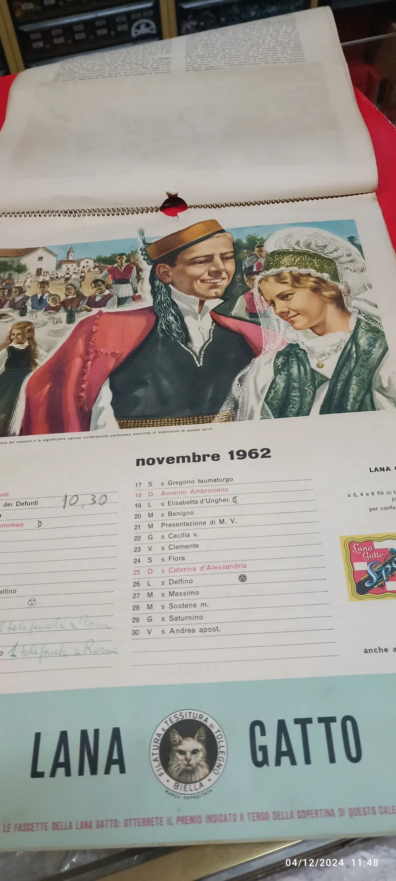 Calendario pubblicitario vintage Lana Gatto - Il matrimonio nel mondo. Usato con appunti a penna. 200g.