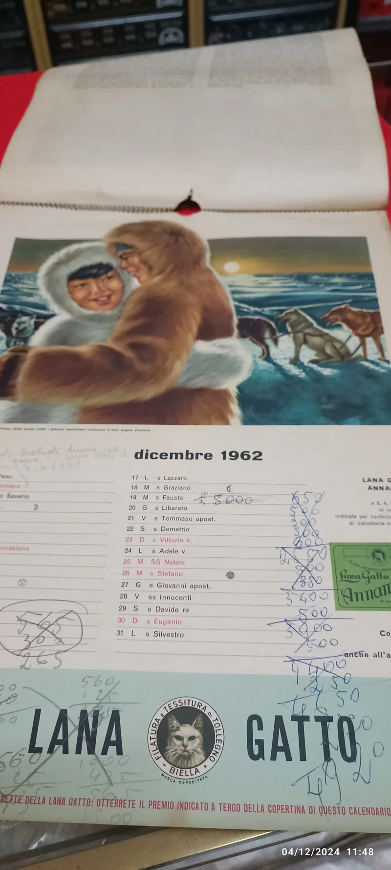 Calendario pubblicitario vintage Lana Gatto - Il matrimonio nel mondo. Usato con appunti a penna. 200g.