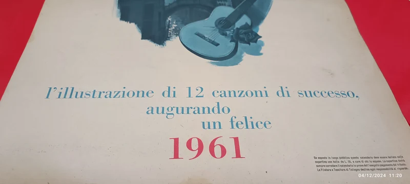 Calendario vintage della Lana Gatto del 1961 con testi di 12 testi di canzoni di Sanremo. Calendario usato con appunti a penna . 100 g.
