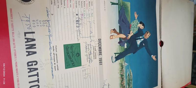 Calendario vintage della Lana Gatto del 1961 con testi di 12 testi di canzoni di Sanremo. Calendario usato con appunti a penna . 100 g.
