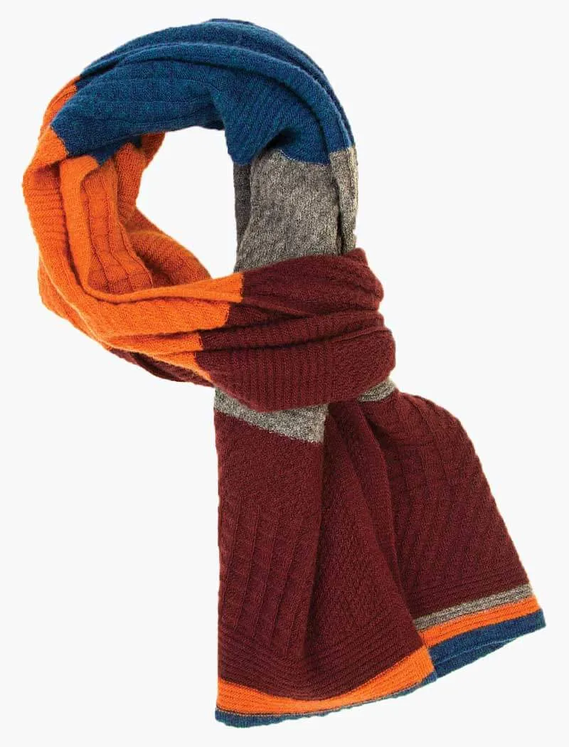 Burgundy & Orange Textured Thick Striped Knitted Wool & Cashmere Scarf