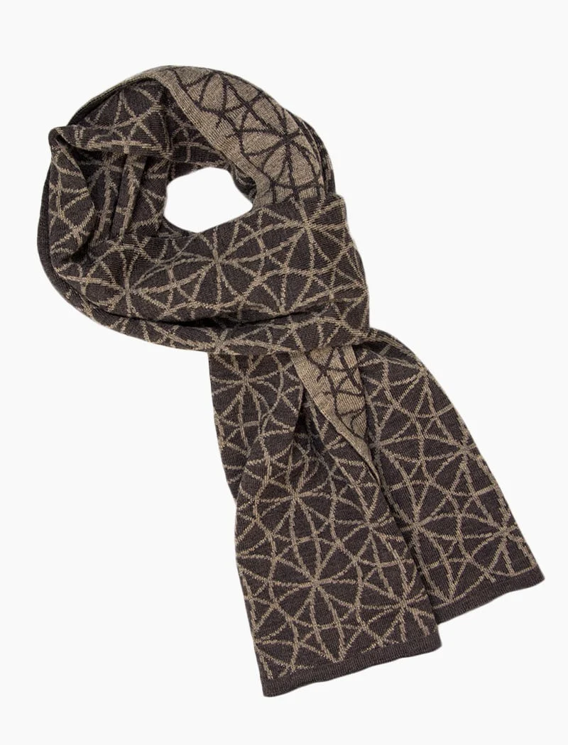 Brown Geometric Flowers Reversible Knitted Wool Scarf
