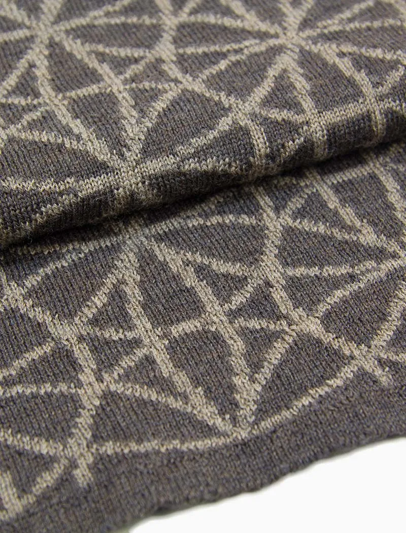 Brown Geometric Flowers Reversible Knitted Wool Scarf