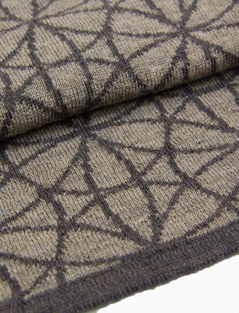 Brown Geometric Flowers Reversible Knitted Wool Scarf