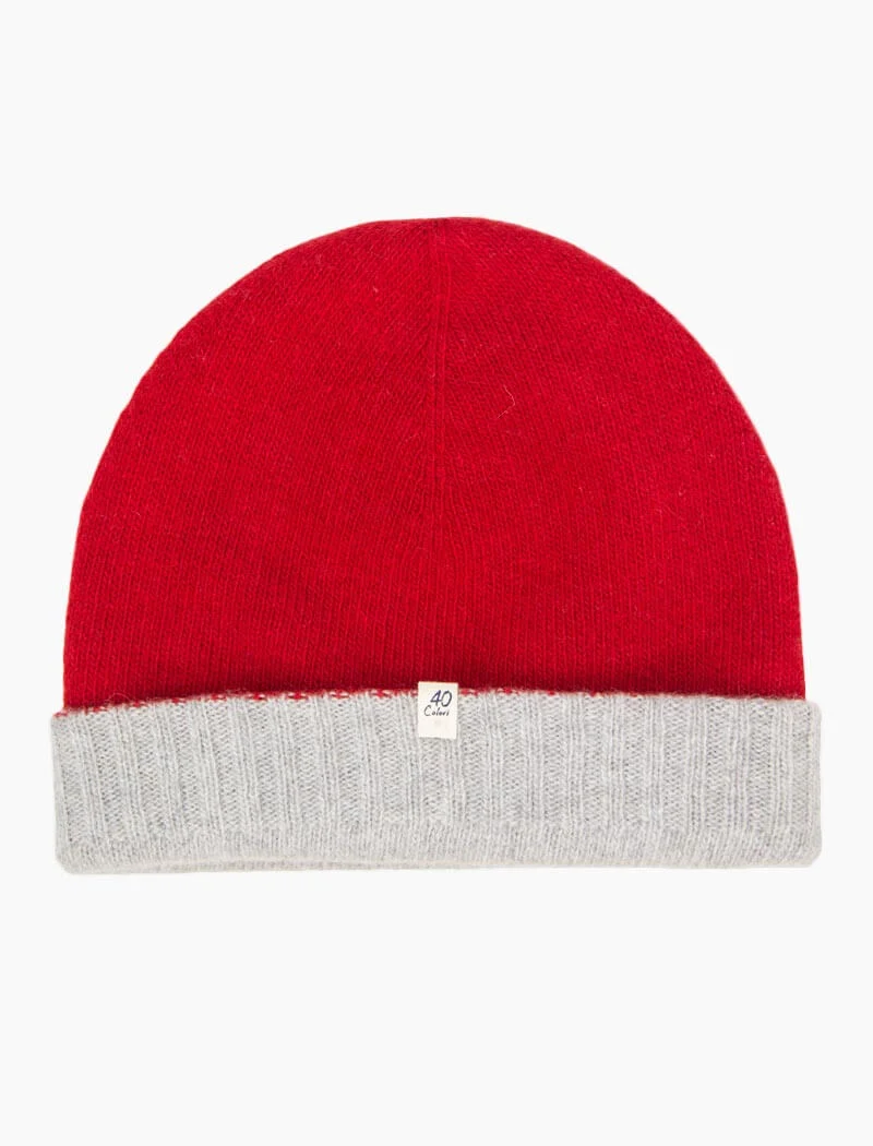 Red & Light Grey Reversible Fitted Wool & Cashmere Beanie